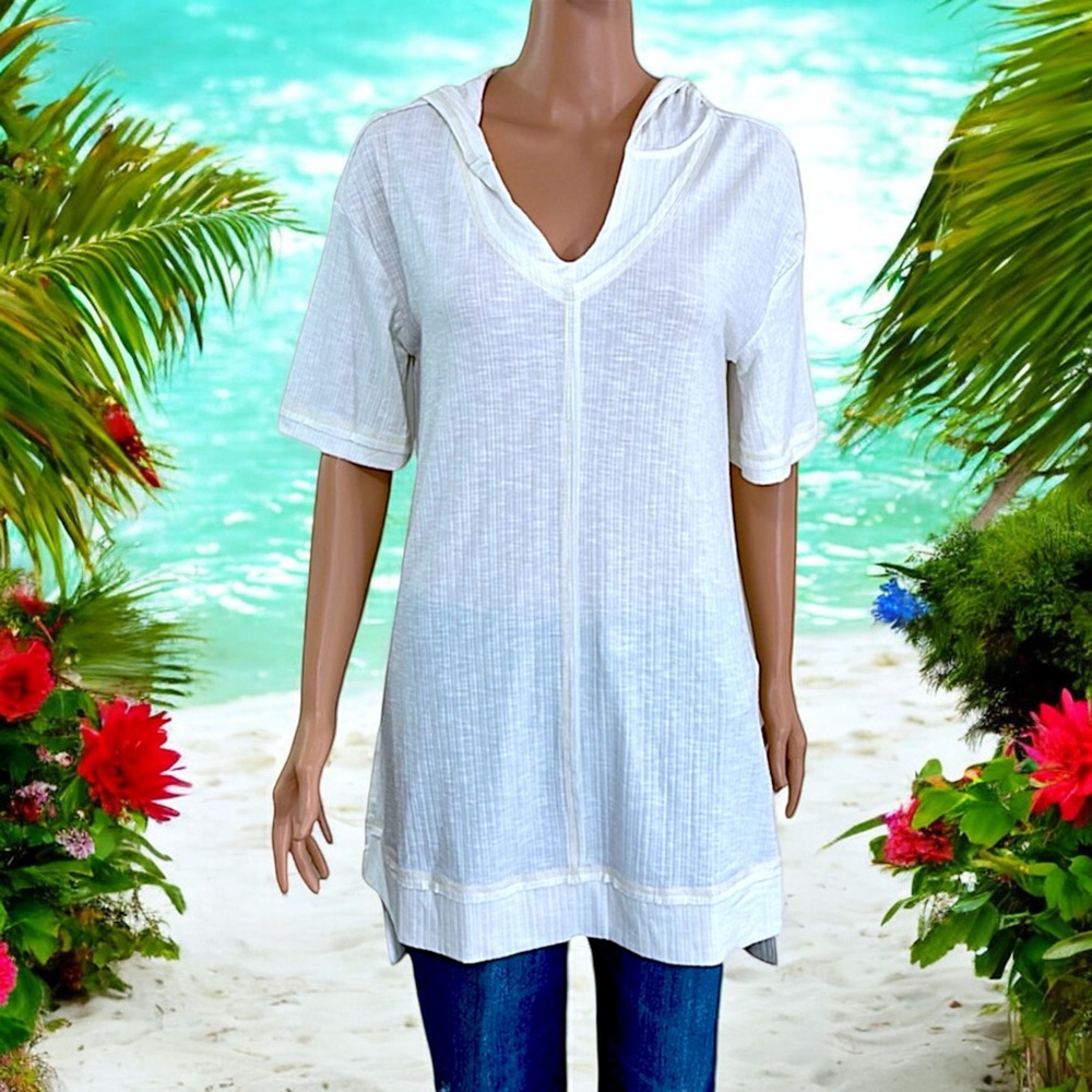 NEW Mur Mur Off-White Ribbed Short Sleeve Hooded Swimsuit Coverup - Picture 4 of 16